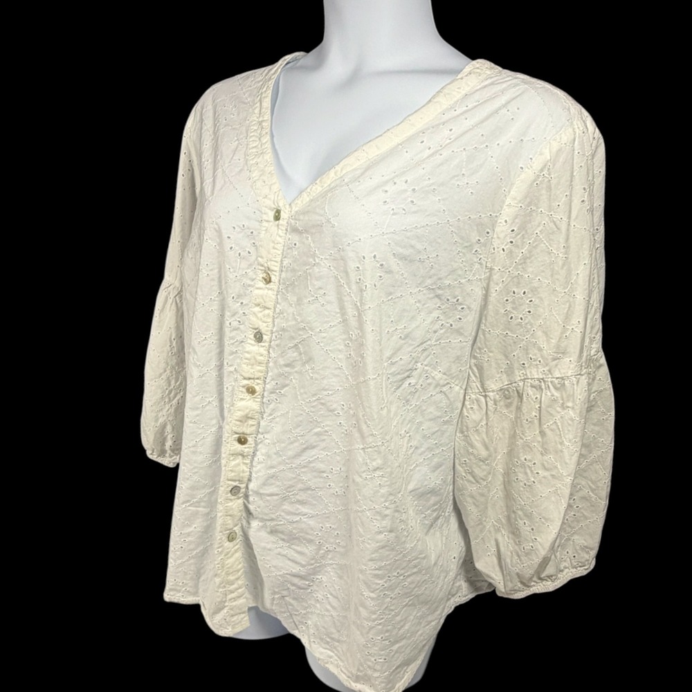 J. Jill 4X White Embroidered Eyelet Button Down Blouse Balloon Sleeve Cottage